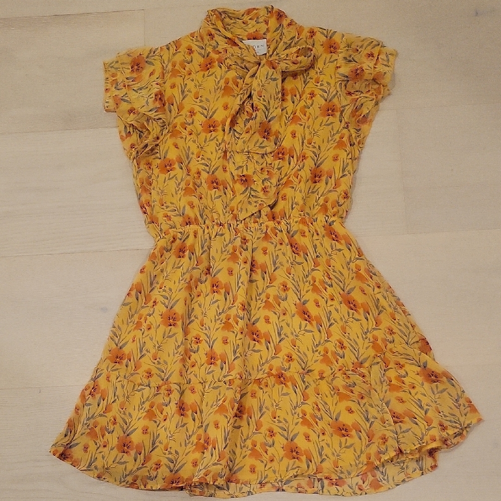 Floral Yellow Tie Neck Dress